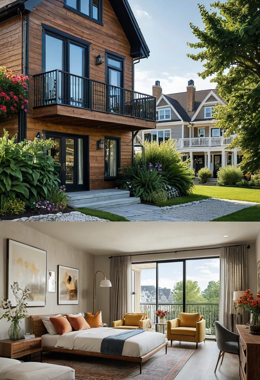 A split image showing two contrasting rental homes side by side: one is an opulent, luxurious apartment with elegant furnishings and city views, while the other is a cozy, affordable cottage with rustic decor and a garden. Include a person in the foreground contemplating their choices, wearing a thoughtful expression. Natural lighting enhances the warmth of the cottage and the sleekness of the apartment. stunning detail. super-realistic. vibrant colors.