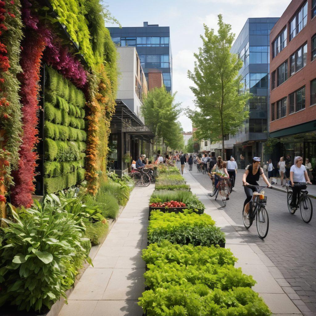 A bustling urban setting showcasing a diverse array of modern housing options, from sleek apartment buildings to cozy townhouses. Include vibrant city life elements like people interacting in parks, colorful street vendors, and cyclists navigating the streets. Highlight tips like 'finding budget-friendly options' and 'urban sustainability' creatively incorporated into the scene. The skyline should have a mix of greenery and architecture to convey balance in urban living. super-realistic. vibrant colors. energetic atmosphere.