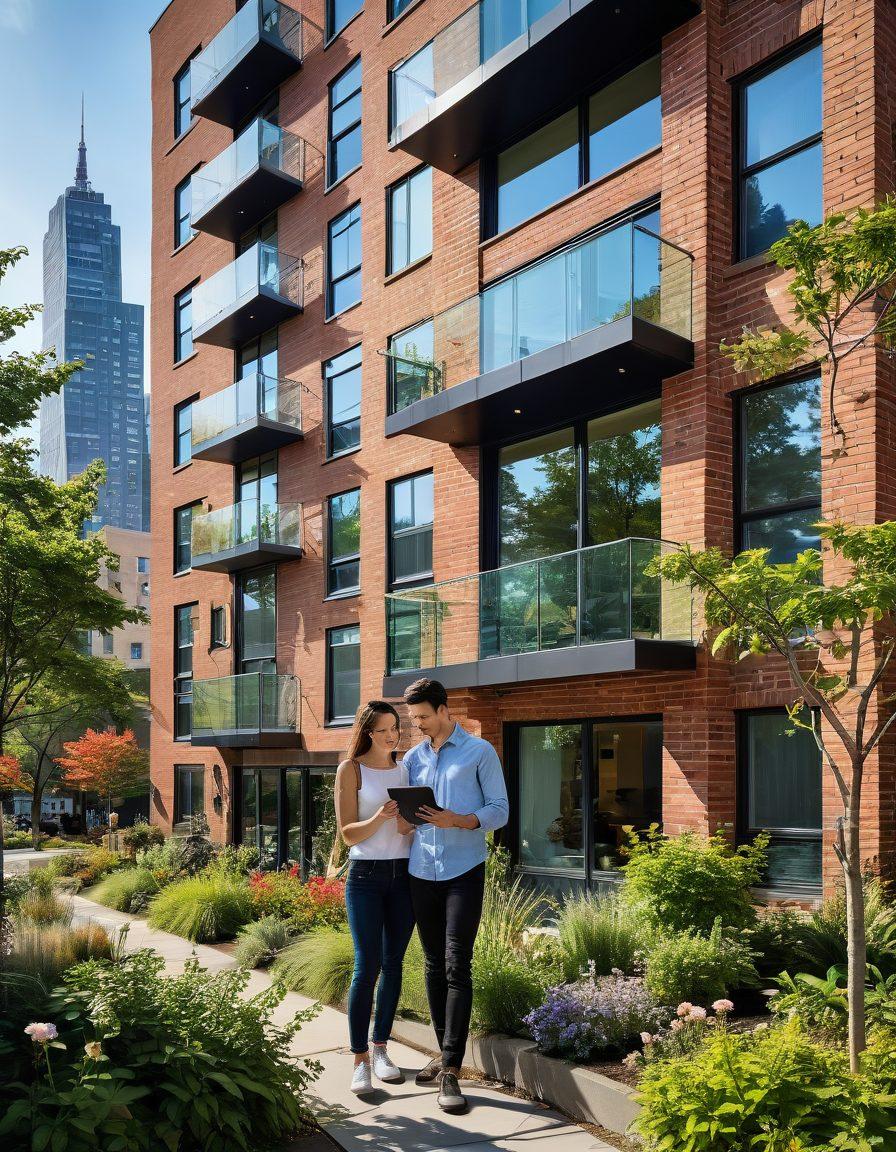 An urban skyline with diverse modern apartment buildings, showcasing various architectural styles. In the foreground, a young couple is happily exploring a rental apartment, holding a lease agreement and a tablet with rental listings on the screen. Vibrant greenery surrounds the buildings, symbolizing community. The scene is bathed in warm sunlight, creating an inviting atmosphere. super-realistic. vibrant colors.